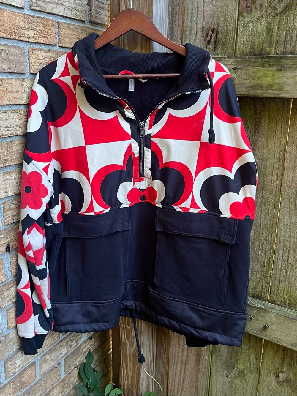 FP Movement by Free People Red, Black & White Graphic Half-Zip Pullover